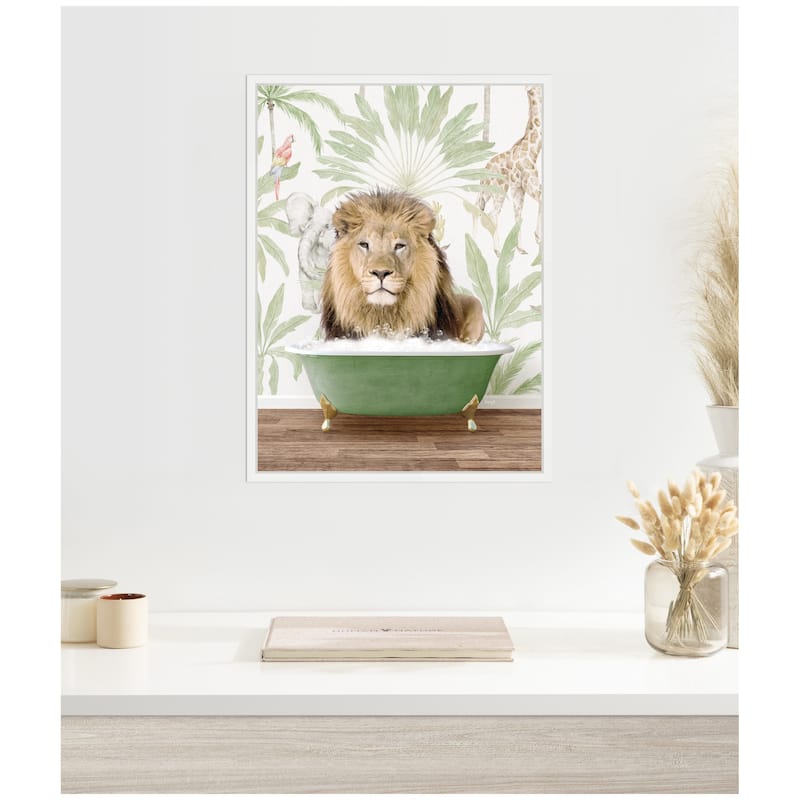 Kate and Laurel Sylvie Lion in Wild Safari Bathtub Framed Canvas by Amy Peterson
