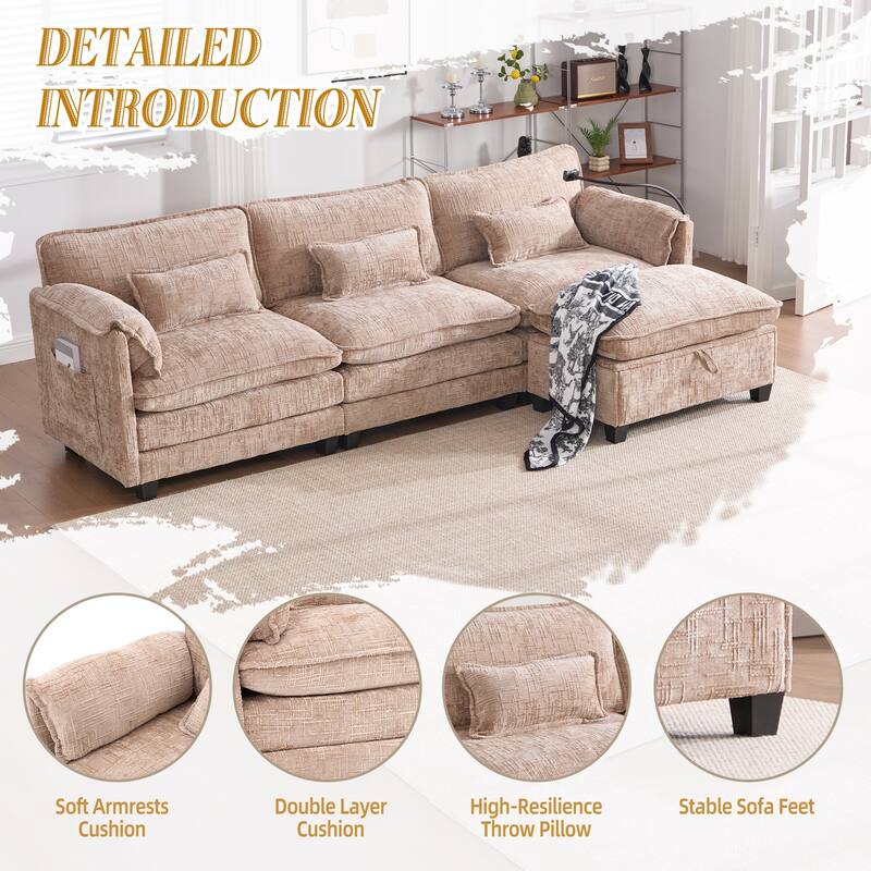 HOMEFUN Chenille Upholstered L-shaped Phone Holder Modular Sectional Sleeper Sofa with Movable Storage Ottoman