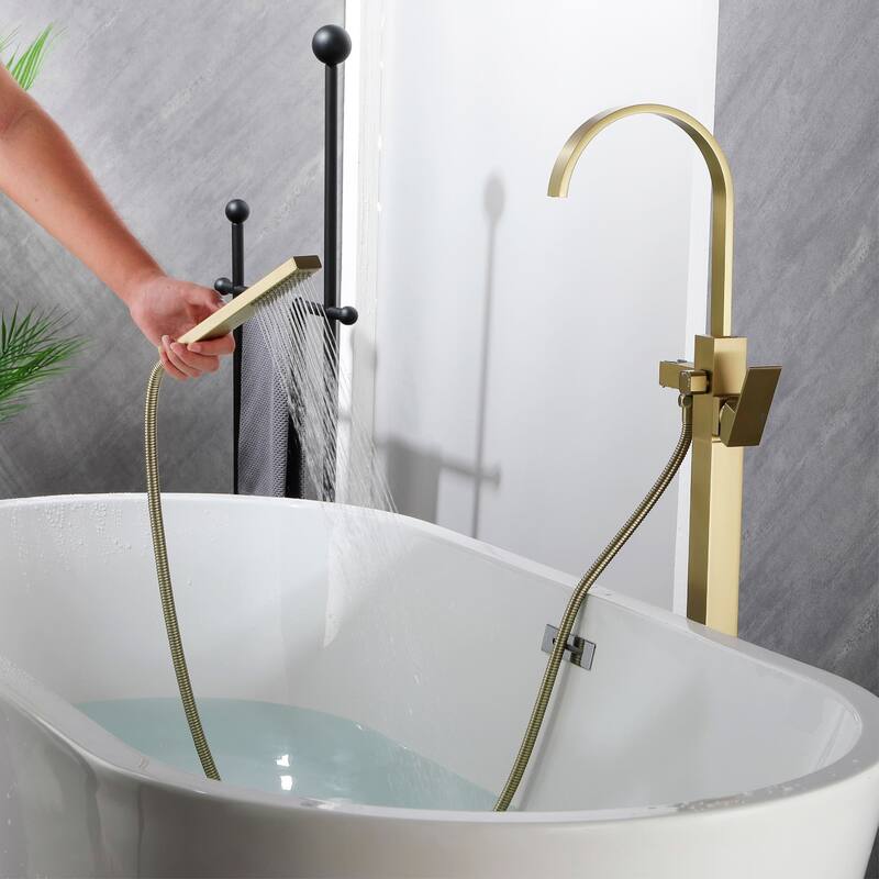 Freestanding Tub Faucet With Hand Sprayer Floor Mount Roman Bathtub Faucet Modern Waterfall Tub Filler Trim With Handheld Showe