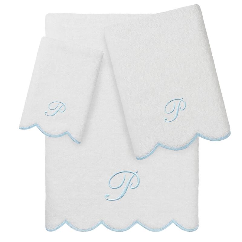 Authentic Hotel and Spa 100% Turkish Cotton Blue ADORNIA Scallop Personalized 3 Piece Towel Set - 3 Piece Set - P