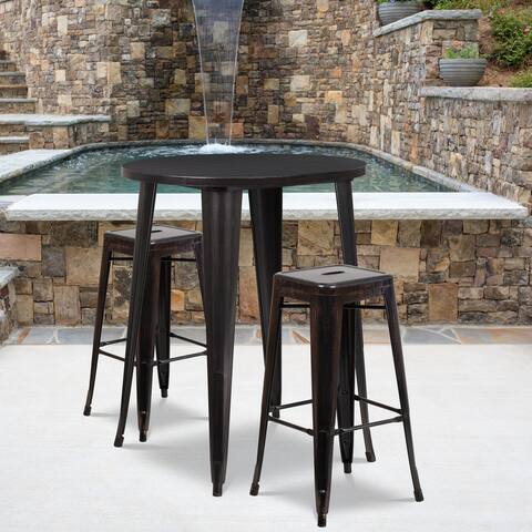 30'' Round Metal Indoor-Outdoor Bar Table Set with 2 Square Seat Backless Stools - 30"W x 30"D x 41"H
