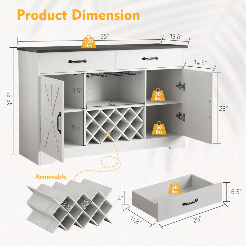 Gymojoy 55" Farmhouse Bar Cabinet with Wine Rack & Coffee Station, Rustic Storage for Dining Room, Kitchen, Living Room