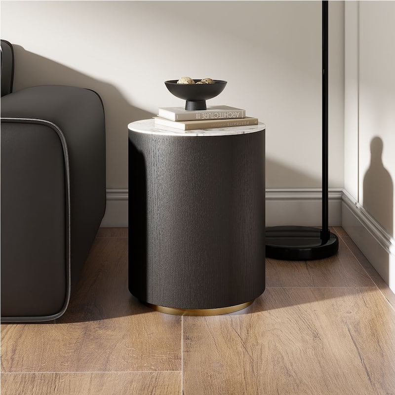 Modern Drum Coffee Table with Oak Veneer, Sintered Stone Coffee Table with 2 Solid Wood Drawers, Fully Assembled, White - 16"-Side Table - White&Black