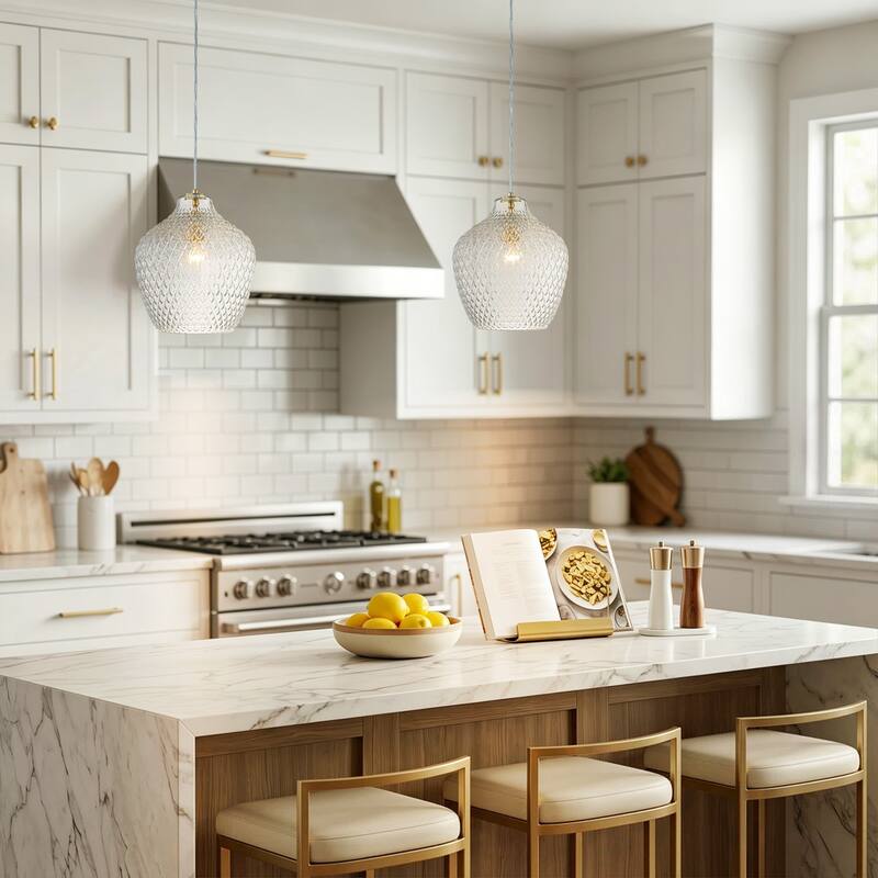 11" Modern Elegant 1-Light Gold Adjustable Pendant Lighting with Diamond-Pattern Glass Shade for Kitchen Island