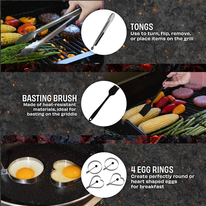 Griddle Accessories - 28PC Grill Set with Stainless Steel Spatulas, Tongs, Cleaner, Dome, and Carry Bag by Home-Complete