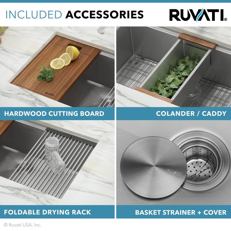Ruvati 33-inch Workstation Ledge 50/50 Double Bowl Undermount 16 Gauge Stainless Steel Kitchen Sink - RVH8351 - 33" x 19"