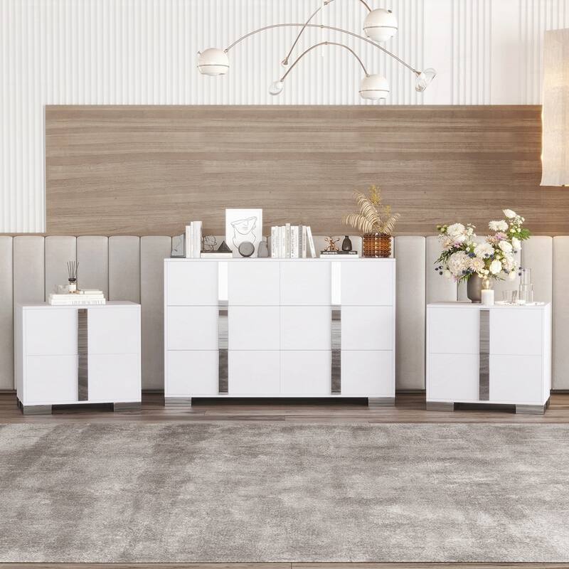 Elegant 6 Drawers Dresser and Two Nightstands - White