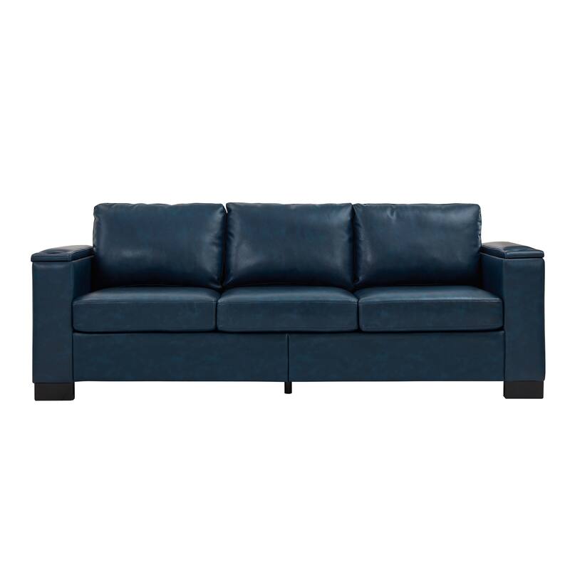 Faux Leather Upholstered Loveseat, Oversized 3 Seater Sofa with Square Arms, Deep Seat Sofa with Cup Holder & Storage