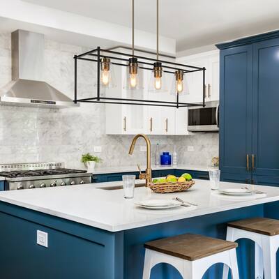 Modern 4-Light Black Gold Geometric Chandeliers Glass Kitchen Island Pendant Lights