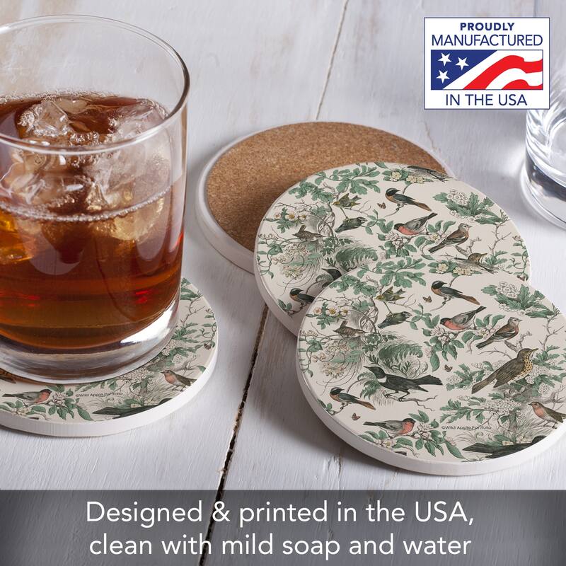 Honeybloom Birds 4 Pack Round Absorbent Stone Coasters with Protective Cork Backing Manufactured in The USA