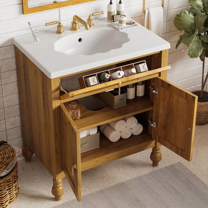 30-Inch Walnut Bathroom Vanity with Seashell Resin Sink, Flip-Up Storage & Soft-Close Doors