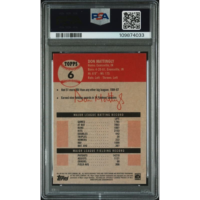Don Mattingly 2022 Topps Chrome Blue Prism Refractor Card #6 Auto Graded PSA 10 - 8' x 11'