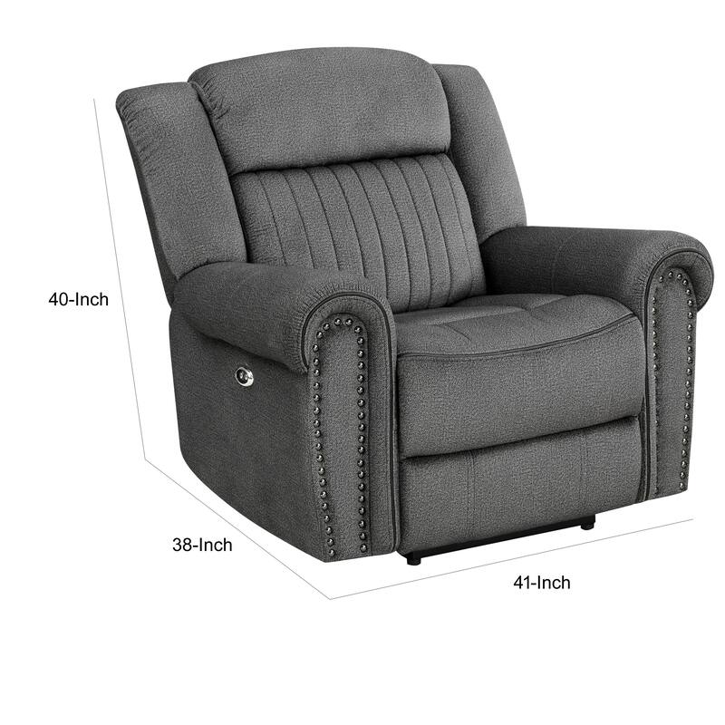 Ben 38 Inch Power Recliner Chair, Soft Cushions Gray Microfiber, Solid Wood