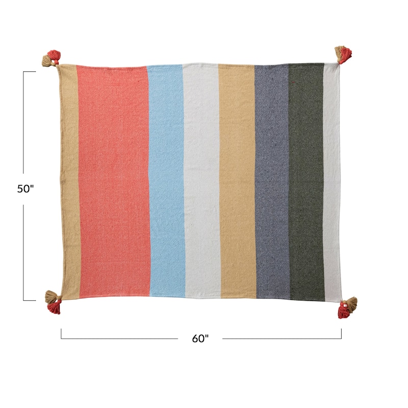 Woven Cotton Blend Throw with 8 Stripes and Tassels - Multi - 60.0"L x 50.0"W x 0.1"H