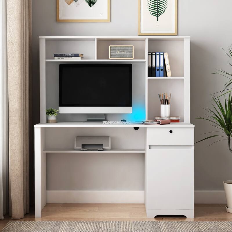 Wooden Computer Desk with Hutch & Bookshelf, Executive Desk Home Office Desk with 3 AC Outlets and 2 USB Charging Ports