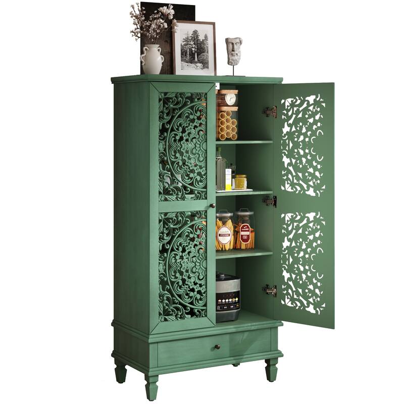 GDF Studio - Maribelle Rustic 55" Tall Storage Cabinet with Drawer, Decorative 2-Door Carved Wood Accent Cabinet