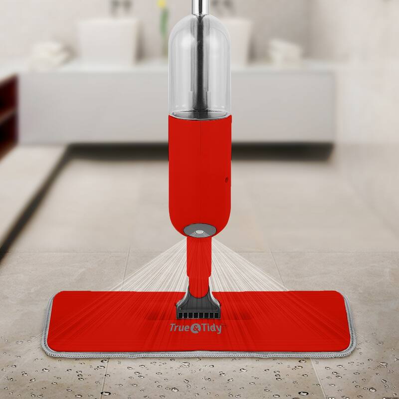 True & Tidy Spray Mop with 360-Degree Swivel Mop Head, Removable Water Tank, 1 Microfiber Mop Pad in Red