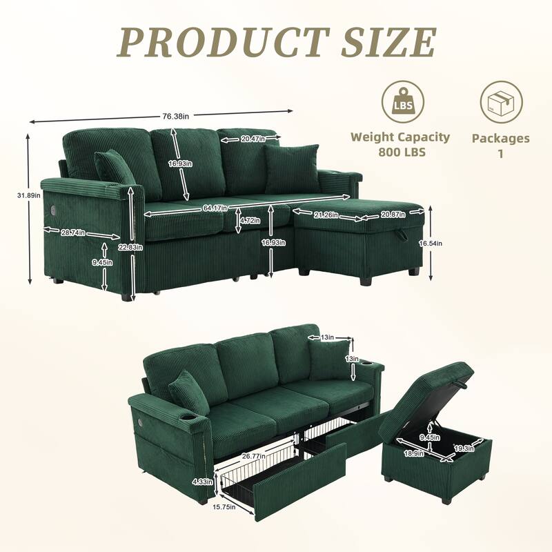 HOMEFUN Corduroy Upholstered L-shaped Pull-Out Storage Sectional Sofa with Storage Ottoman,USB Charging,Cup Holder