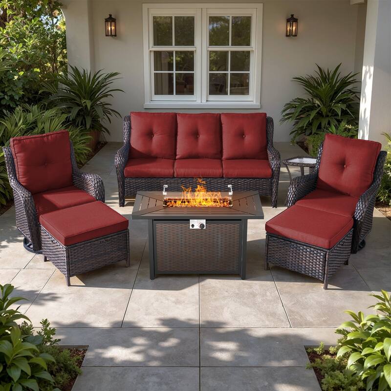 Gymojoy 7-Piece Patio Set w/ 55K BTU Fire Pit, 3-Seater Sofa, Swivel Rockers & Ottomans for Backyard, Deck - Brown Wicker / Red Cusion - 7-Piece