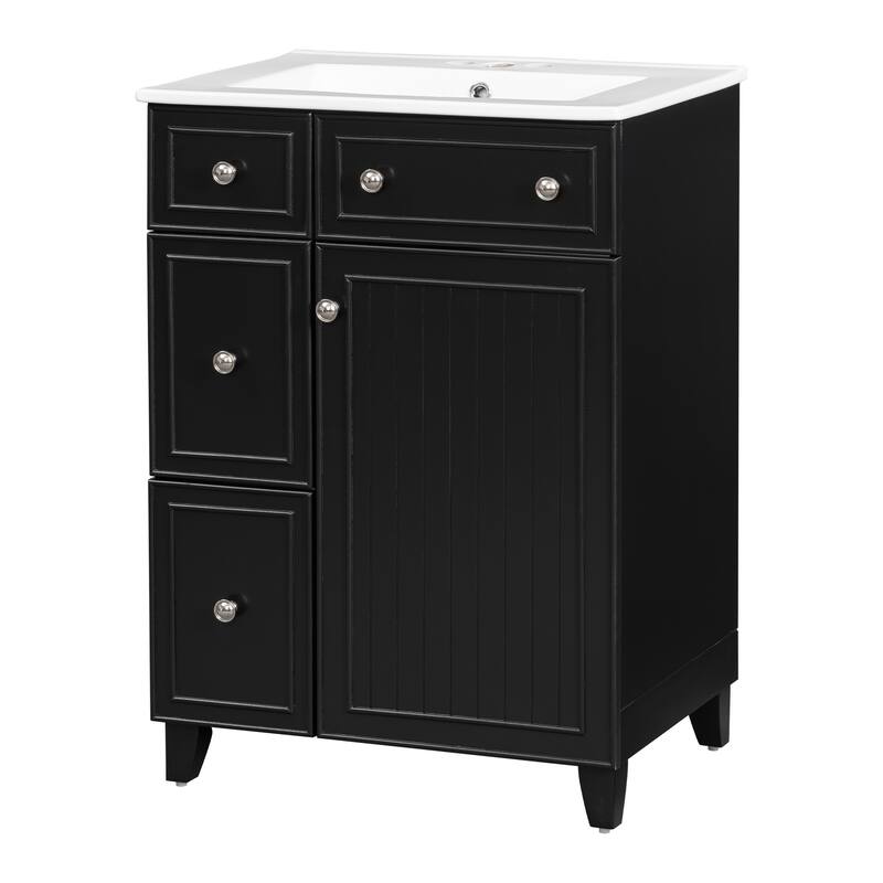 24" Bathroom Vanity Cabinet with Ceramic Sink & 2 Drawers, Bathroom Storage Cabinet Free-standing Single Sink Cabinet, Black