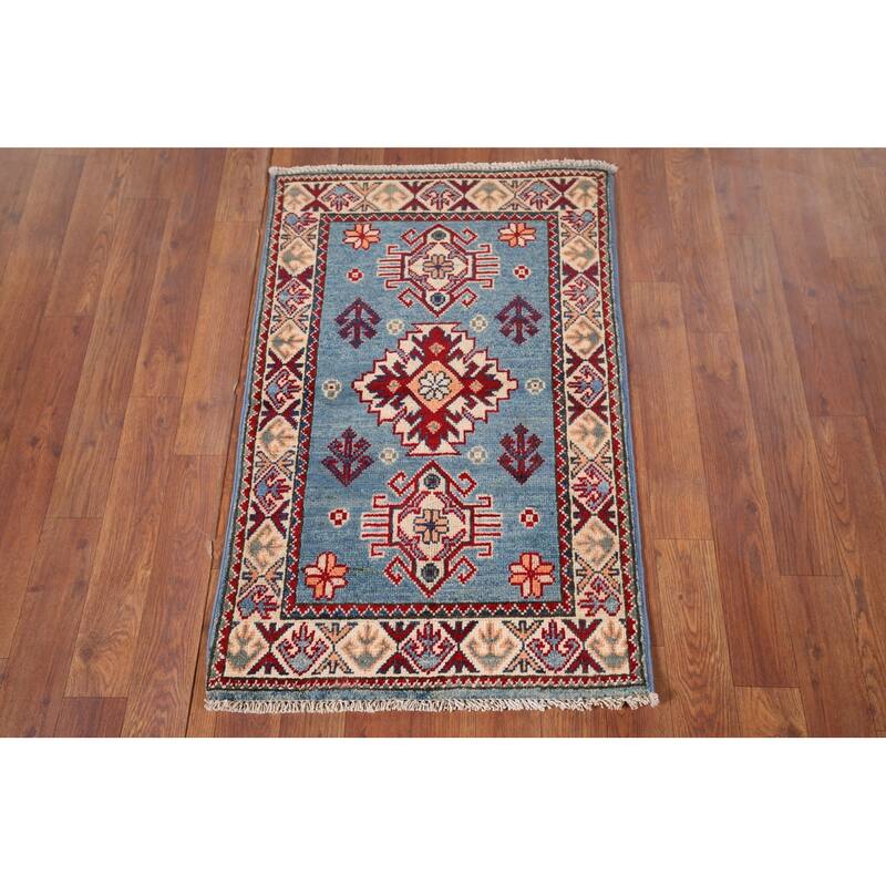 Hand Knotted Oriental 100% Wool Carpet Traditional Geometric Navy Blue & Blues Kazak Area Rug - 3' 0'' X 1' 11''
