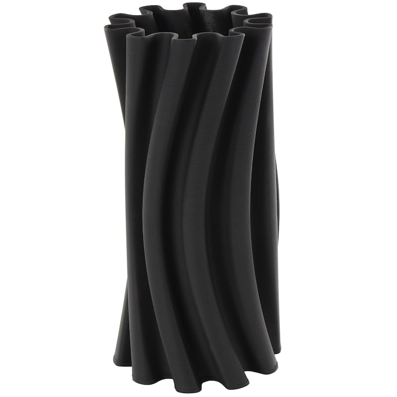 Ceramic Abstract Curvy Ribbed Decorative Vase with Floral Shaped Rim - Black - Roche River Decor - Black - 5"W, 11"H