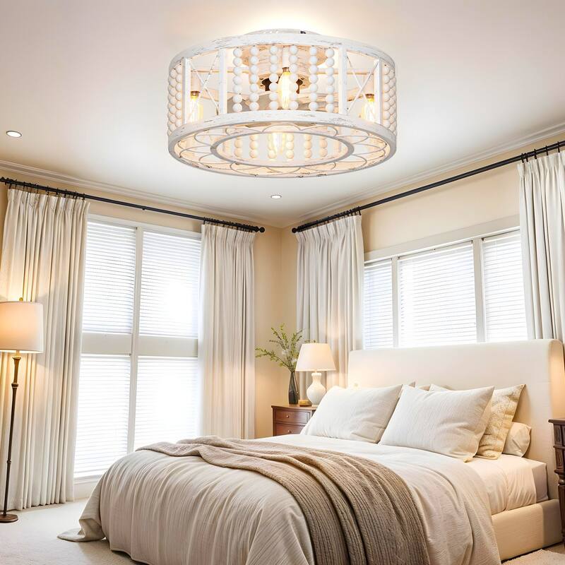 Moasis Farmhouse Flush Mount 18.5 Inch Caged Ceiling Fan with Lights and Remote & Beaded Decor - White