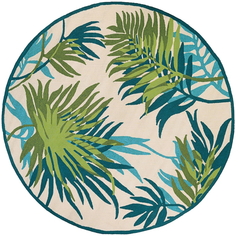 Miami Leaves Ivory- Green Indoor/ Outdoor Area Rug - 7'10" Round