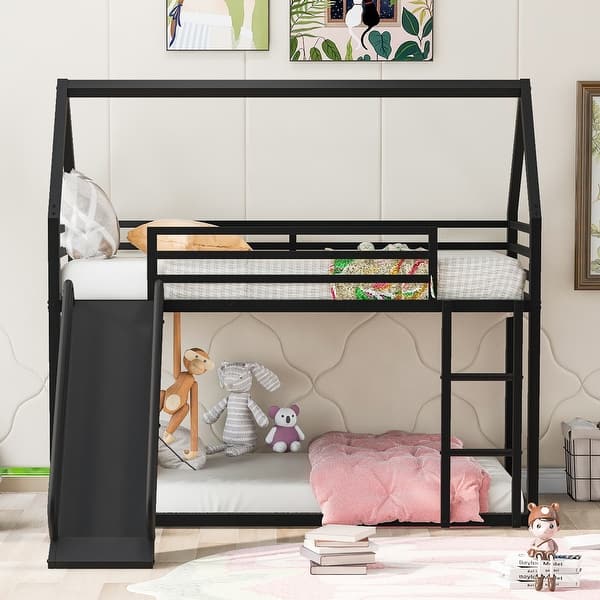 slide 2 of 22, House Bunk Bed,Twin over Twin with Ladder and Slide Black