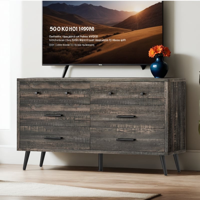 Rustic TV Stand for 65" TV, Entertainment Center with 6 Storage Drawers - Dark Rustic Oak