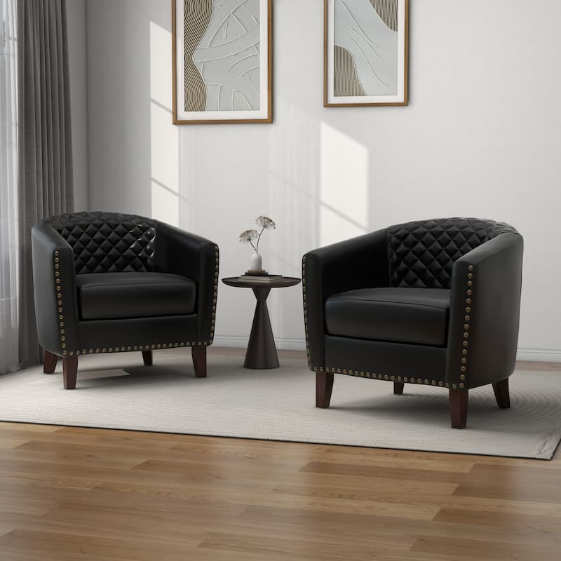 Modern Leather Nailheads Trim Barrel Accent Chairs with Wood Legs