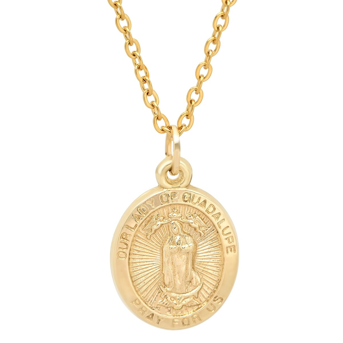 14k Two Tone Gold Religious Our Lady of Guadalupe Pendant with 1.5mm Flat Mariner Chain Necklace