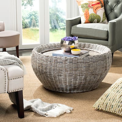 SAFAVIEH Alley Wood Top Wicker Drum Coffee Table - 35.4" x 35.4" x 15.7"
