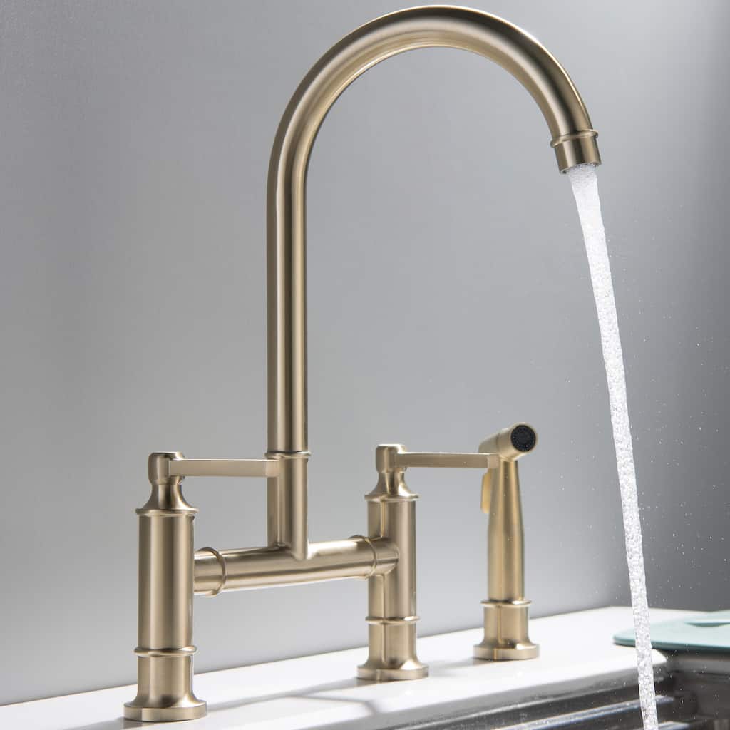 Farmhouse 2-Handle Bridge Gold/Black Kitchen Faucet with 28'' Side Sprayer in Stainless Steel & Brass