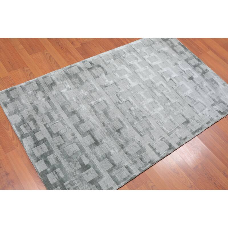 3'x5' Hand Tufted Bamboo Silk Loop n Cut Pile Geometric Oriental Area Rug Tone on tone Aqua, Color - 3' x 5'