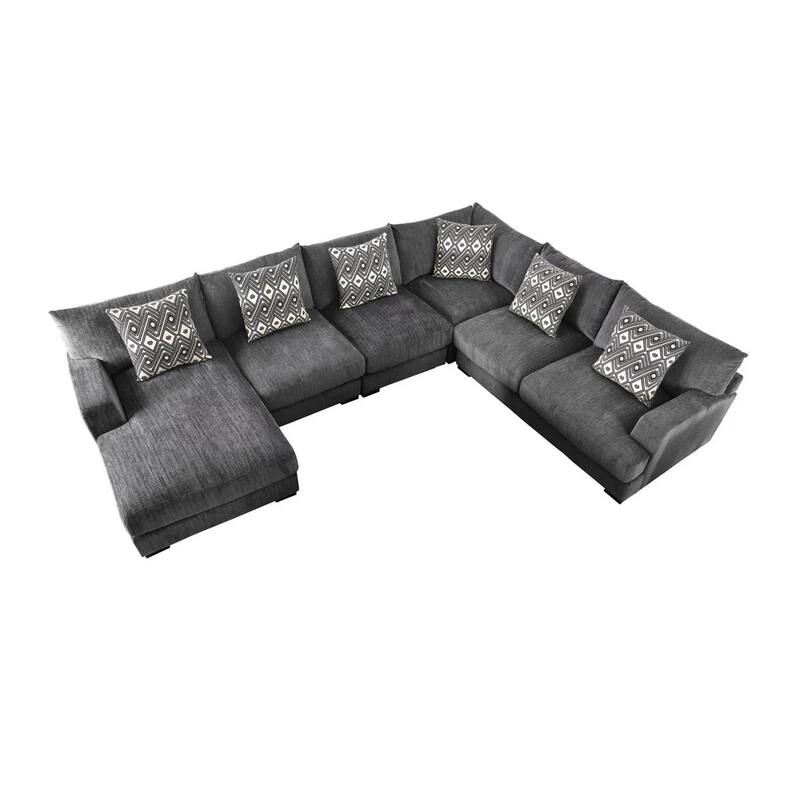 U Shaped Sectional with 6 Accent Pillows, Gray