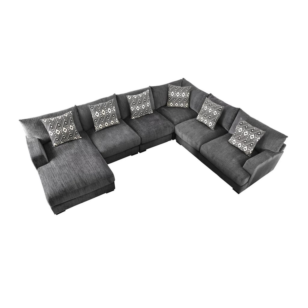 U Shaped Sectional with 6 Accent Pillows, Gray