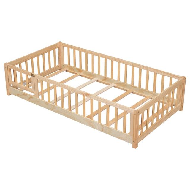 Twin/Full/Queen size Floor Platform Bed with Fence and Door for Kids, Toddlers