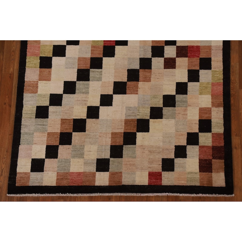 Modern Checkered Gabbeh Kashkoli Area Rug Hand-knotted Wool Carpet - 5'0" x 6'2"