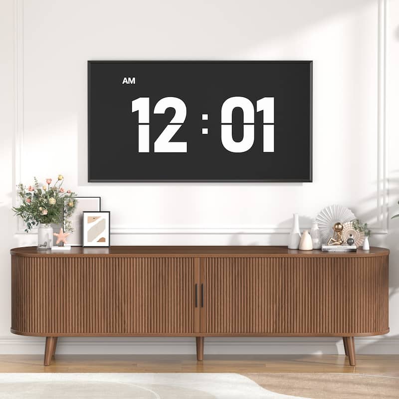 Gymojoy 71" Mid-Century Modern TV Stand, Walnut Media Console with Sliding Doors, Entertainment Center for TVs up to 80".