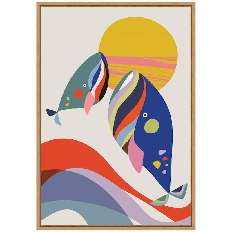 Kate and Laurel Sylvie Retro Coastal Mom and Baby Whales Framed Canvas by Rachel Lee