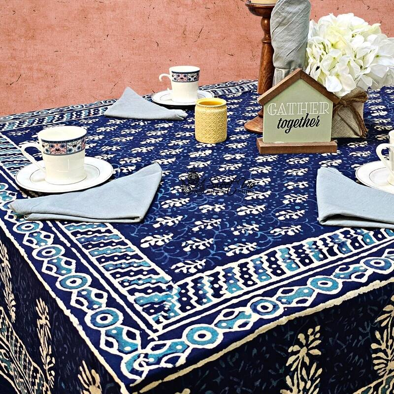 Dabu Floral Hand Block Print Cotton Tablecloth Rectangle Collection