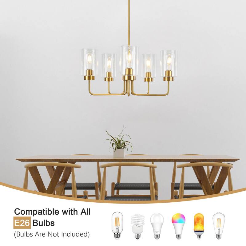 5-Light Hanging Linear Chandelier Lighting Fixture Foyer Pendant with Glass Shade for Kitchen Island