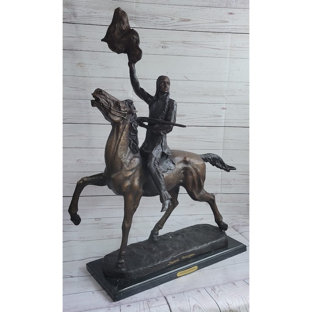 Buffalo Signal By Frederic Remington Bronze Native American Sculpture Statue 33 Inches X 26 Inches
