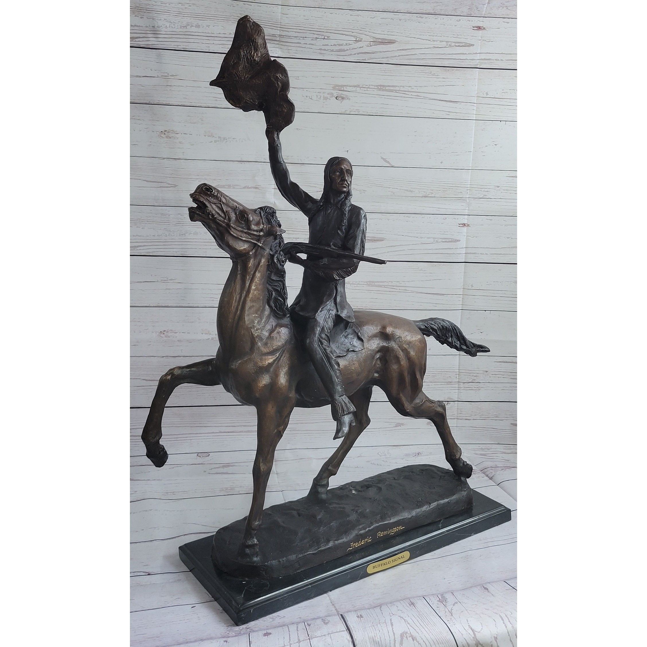 Buffalo Signal By Frederic Remington Bronze Native American Sculpture Statue 33 Inches X 26 Inches