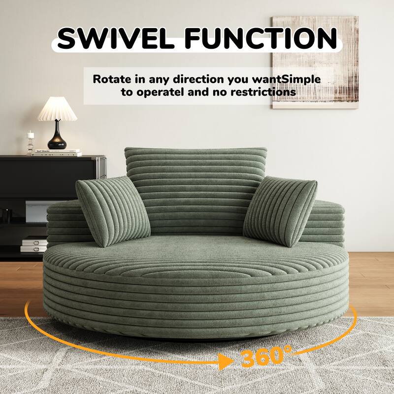 Oversized Swivel Accent Chair, Corduroy Round Lounge Sofa Chair, Upholstered Reading Armchair with Back Cushion & 2 Pillows