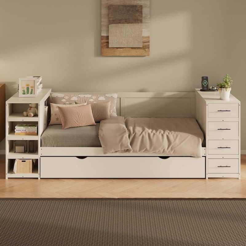 Storage Daybed with Side Shelves, Drawers & Charging Station