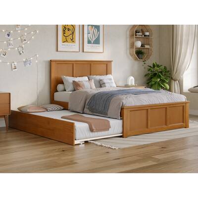 Solid Wood Platform Bed with Trundle - Full Size, Light Toffee Finish, Modern Bedroom Furniture