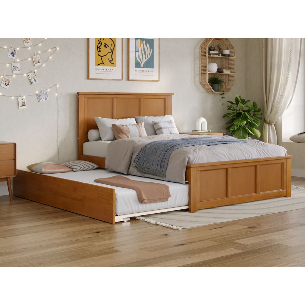 Solid Wood Platform Bed with Trundle - Full Size, Light Toffee Finish, Modern Bedroom Furniture