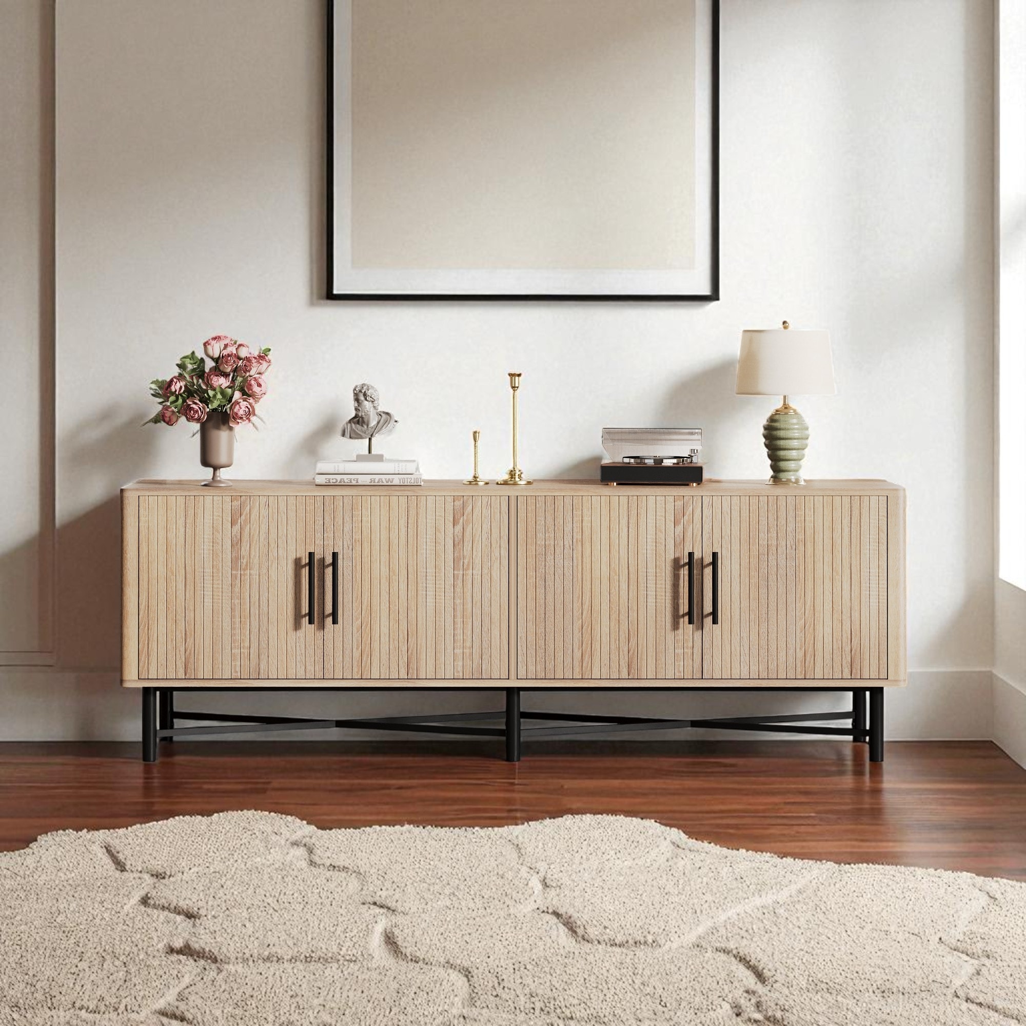 66 Inch Modern TV Stand with 4 Doors and Adjustable Shelves, Media Console Cabinet with Cable Management for TVs Up to 65 Inch